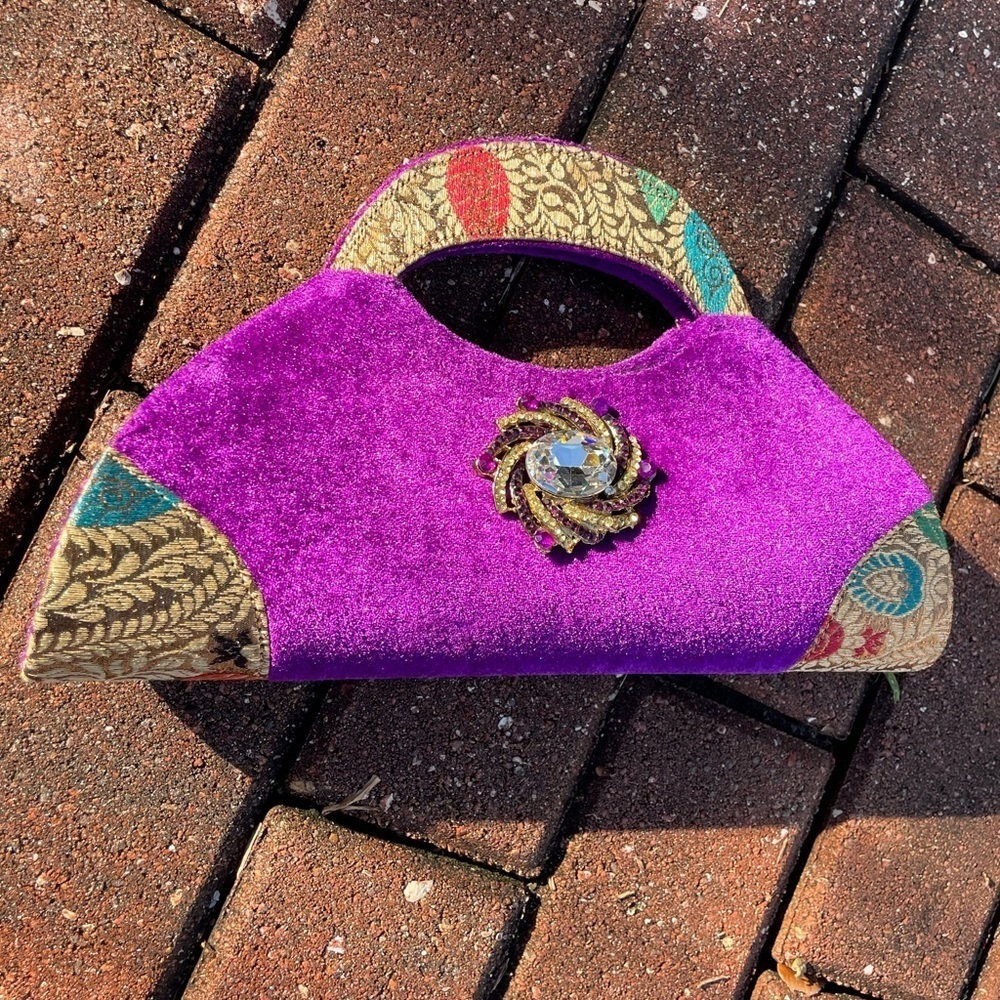 Purple Velvet Clutch with Embellished Brooch - Picture 8 of 12
